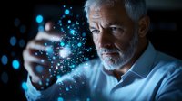 Mature businessman with gray hair interacting with glowing blue digital particles in dark office, futuristic technology concept for business innovation.