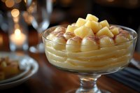 Fresh pineapple pudding topped with diced tropical fruit in elegant glass dessert bowl, sprinkled with cinnamon against warm candlelit background.