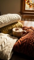 Cozy autumn arrangement with stacked knit sweaters in cream, mustard, and rust tones beside a warm beverage topped with whipped cream and cocoa powder, bathed in golden sunlight from a window.