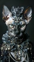 Sphynx cat adorned in luxurious baroque style jewelry, pearls, and silver ornaments against dark background. Dramatic portrait showcasing feline elegance and royal fashion styling.