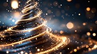 Magical spiral of glowing golden light trails forming abstract Christmas tree shape against dark background with sparkling bokeh and light particles.
