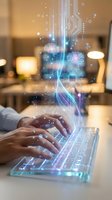 Man typing on glowing keyboard with holographic AI brain and circuit elements rising above, symbolizing artificial intelligence and future technology.