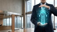 Professional businessman in dark suit displaying holographic human body projection in modern office environment for healthcare technology and medical innovation concepts.