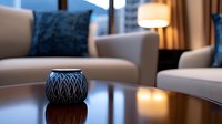 Decorative black ceramic candle holder with geometric pattern on wooden coffee table in modern living room interior with soft ambient lighting.