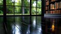 Dark hardwood floor reflecting sunlight from window in cozy library room with wooden bookshelves, creating atmospheric mood with natural lighting and shadows.