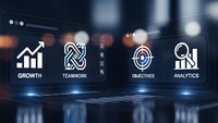 Business strategy icons displaying growth chart, teamwork, objectives target and analytics on modern digital interface with bokeh lights background.