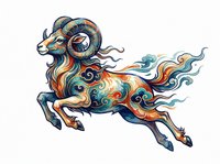 Ornate leaping ram with swirling patterns in teal, orange, and gold, isolated on transparent background. Great for t-shirt design, stickers, and print on demand.