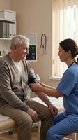 Female nurse checking blood pressure of senior Caucasian male patient in bright medical office during routine health examination appointment.