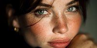 Close-up portrait of young Caucasian woman with freckles and green eyes in natural lighting for beauty and skincare concepts.