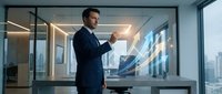Caucasian male professional in dark business suit analyzing digital holographic data visualization in modern office with city skyline view for corporate analytics and technology concepts.