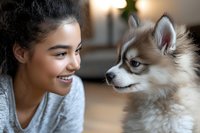 Young mixed-race woman bonding with adorable husky puppy in cozy home interior. Pet adoption, companionship and unconditional love between human and dog.
