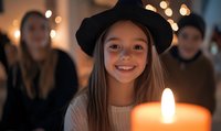 Young Caucasian girl wearing black hat and white sweater smiling warmly in candlelit setting with soft bokeh lights and people in background creating cozy atmospheric mood.
