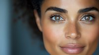 Close up portrait of young mixed race woman with natural makeup, glowing skin, and curly hair against blue background. Wellness and beauty concept.