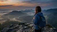 Woman hiker in blue jacket standing on rocky mountain peak overlooking misty forested valley at sunrise, adventure and nature exploration.