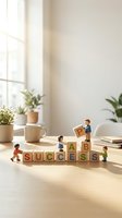 Miniature figures building wooden blocks spelling success on bright desk with plants and coffee cup, representing teamwork, achievement and business growth.
