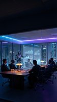 Futuristic business meeting with AI robot presenting data analytics to corporate team in modern office with neon lighting and city skyline view.