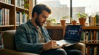 Man with beard wearing casual denim shirt working on laptop in home library with bookshelves, potted plants and city view, suitable for remote work and education concepts.