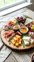 Gourmet charcuterie board with artisan cheeses, cured meats, fresh fruits and honey on rustic wooden platter for entertaining and appetizer presentation.