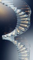 Crystal clear DNA double helix structure with glowing light effects on gradient background for scientific research and biotechnology presentations.