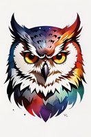 Stylized colorful owl head illustration with fierce yellow eyes and geometric patterns, perfect for modern tattoo designs, logos, and artistic prints on white background.