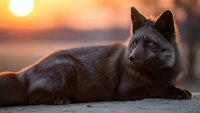 Majestic black wolf resting during golden hour sunset with warm lighting and dramatic sky backdrop for wildlife photography projects.