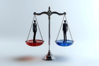 Silhouettes of two people on vintage balance scale symbolizing equality, justice and fair comparison concept on light background, isolated composition.