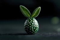 Creative Easter composition with painted green egg decorated with white polka dots and natural leaves forming bunny ears on dark background.