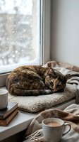 Tabby cat curled up on windowsill cushion during snowy winter day, cozy indoor scene with coffee mug and book nearby for relaxation and comfort.