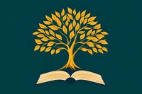 Golden tree of knowledge growing from open book on dark green background, symbolizing education, wisdom, and growth.