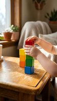 Child hands stacking colorful wooden blocks on table in cozy living room. Early childhood development and educational play activities at home.