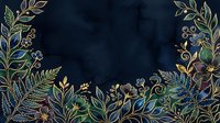 Dark navy watercolor background with gold outlined botanical frame, featuring lush leaves, ferns, and flowers for elegant wedding or luxury design use.
