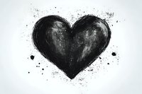 Black grunge heart shape with ink splatter effect on white background, artistic dark valentine symbol with textured charcoal appearance and paint drops.