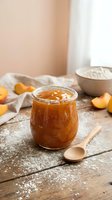 Homemade peach jam in glass jar with wooden spoon on rustic wooden surface, fresh peaches and flour bowl nearby, ideal for food styling and recipe content.