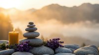 Zen meditation setup with balanced stone cairn, burning candle and lavender flowers against misty mountain sunrise backdrop for wellness and mindfulness practices.