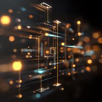 Futuristic digital network with glowing golden and blue light elements on dark background, abstract technology concept with bokeh effect.