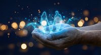 Hands holding glowing family silhouettes with magical light effects and bokeh background representing protection, care and unity concept.