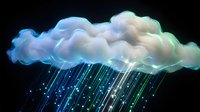 Glowing cloud with digital rain streams of data falling down on dark background. Technology concept for cloud computing and data transfer solutions.