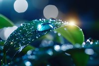 Fresh green leaf with sparkling water droplets in morning sunlight creating natural bokeh effect for eco-friendly and wellness concepts.