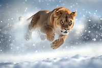 Majestic lioness leaping through snowy winter landscape with intense focused gaze, powerful muscles in motion against blurred snowfall background.