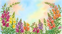 Colorful snapdragon flowers in vibrant pink, yellow, orange and purple hues creating floral border against soft pastel sky background for spring garden designs.