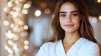 Young Mediterranean woman with long brown hair wearing white medical uniform smiling against blurred bokeh lights background in clinic setting.