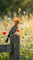 Hoopoe bird with distinctive orange crest perched on wooden fence post in colorful wildflower meadow with soft bokeh background for nature photography.