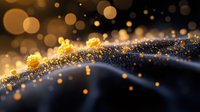 Glowing golden particles and bokeh lights on dark background with smooth wave pattern create magical atmospheric effect for luxury designs.