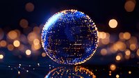 Glowing digital Earth sphere with network connections floating over reflective surface against blurred bokeh lights background, global technology concept.
