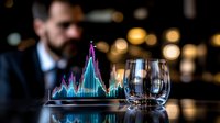 Glowing financial chart hologram on digital tablet with wine glasses in dark restaurant setting, creating modern business atmosphere with bokeh lights.
