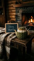 Cozy rustic cabin interior with knitted teapot cozy, chalkboard Stay Home sign, fireplace, and warm blanket on wooden table.