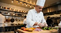 Professional male chef in white uniform and hat preparing fresh vegetables on wooden cutting board in modern commercial restaurant kitchen.