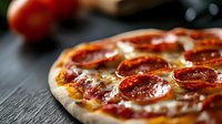 Fresh pepperoni pizza with melted cheese and tomato sauce on dark wooden background, macro shot with selective focus and bokeh effect.