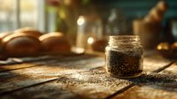 Glass jar with chia seeds on rustic wooden table in warm sunlight, with fresh bread loaves in background for healthy breakfast preparation.