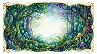 Enchanted forest frame with mystical trees, ferns and magical foliage creating ornate border. Fantasy woodland scene with ethereal light for storytelling designs.
